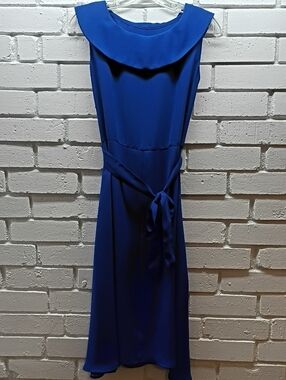 Elegant Summery Sleeveless Royal Blue Midi Dress with Tie Waist Wedding Flowy Sm